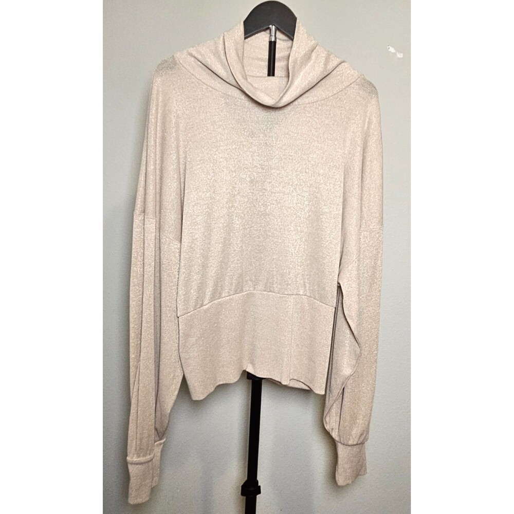 Free People Metallic Sweater Womens XL Beige Cowl Neck‎ Oversized Boho Knit Top